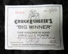 Vintage Chuck E Cheese's "BIG WINNER " Voucher Good For 401 Tickets Dated 7/8/02