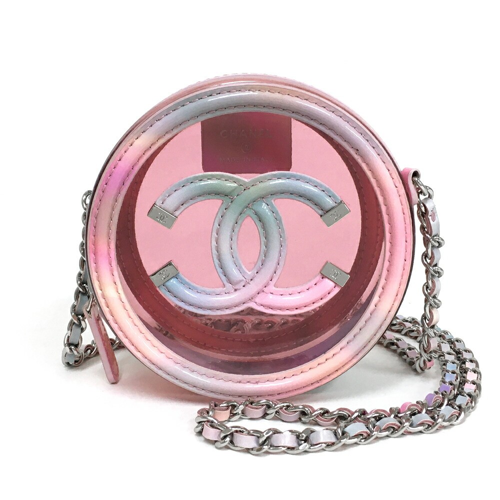Chanel CC Filigree Chain Clutch Round Shoulder Bag Pink Pouch AP0365