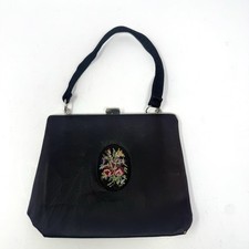 VTG Black Satin Evening Bag Purse Embroidered Petit Point Floral Needlepoint