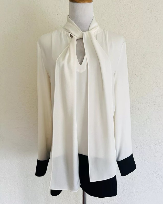$750 ESCADA Nedkana Off White Black Scarf Tie Neck Top Silky Long Sleeve 4 DE 34