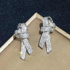 Bow Shaped Stud Earrings for Women Silver Color Sparkling Cubic Zirconia Fashion