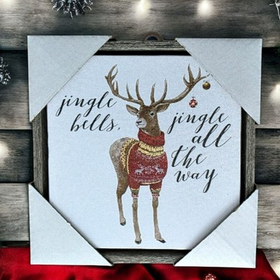 Holiday Reindeer Canvas Wall Art Wood Frame Sweater Jingle Bells Christmas Gift