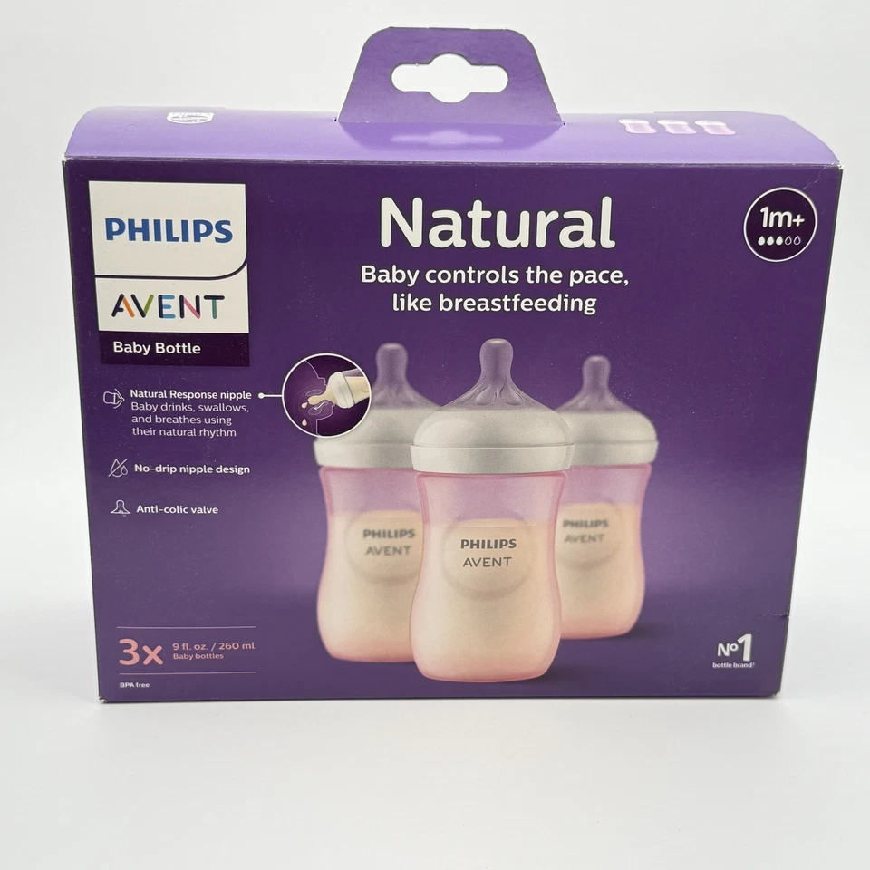 Philips Avent Natural 9oz Pink Baby Bottle 3-Pack (1m+) Brand New in Box - Image 3 of 4