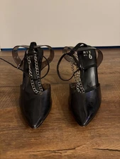 Mix no. 6 strappy black heels with silver ankle strap & clear black tip
