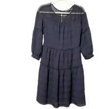 Banana Republic Navy Blue Puff Sleeve Knee Length Boho Dress Womens 2 Tiered