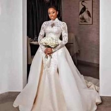 Gorgeous White Wedding Dresses High Neck Lace Long Sleeves Satin Bridal Gowns