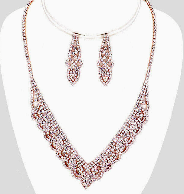 PRINCESS ROSE GOLD CLEAR CRYSTAL PROM BRIDAL FORMAL NECKLACE