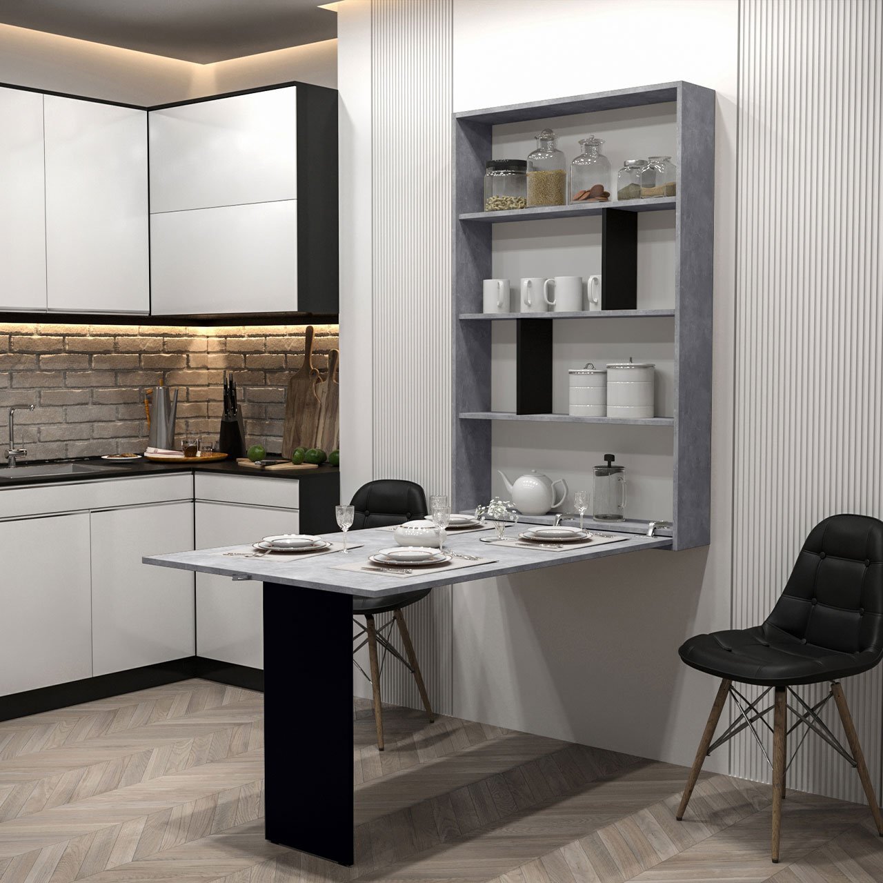 Wall Mounted Foldable Kitchen Table ABI Modern White Wotan Oak