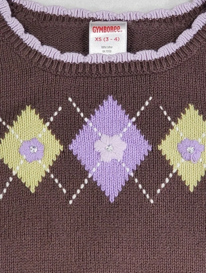 Chaleco Suéter Gymboree Niñas Marrón Púrpura Amarillo Sin Mangas Argyle Talla S (3-4) Foto 3 de 3