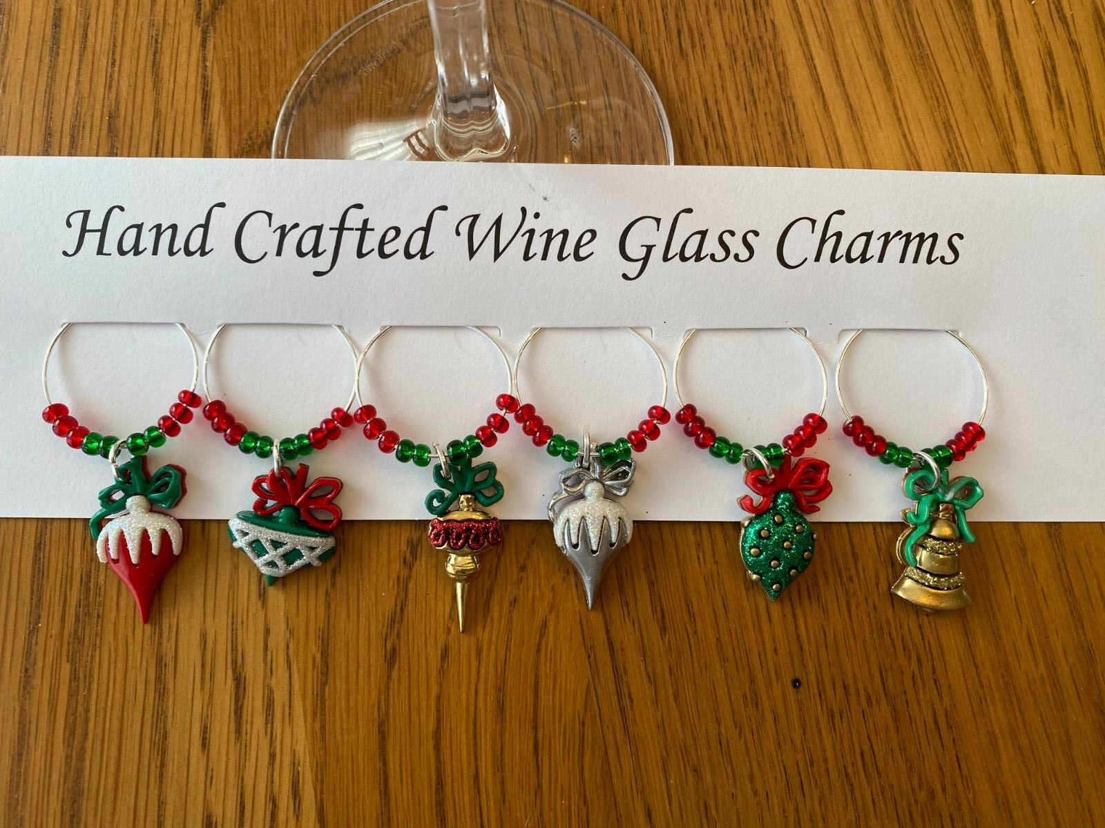 "CHRISTMAS GLITTER ORNAMENTS" SET OF 6  HAND CRAFTED Wine gl