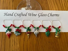 "CHRISTMAS GLITTER ORNAMENTS" SET OF 6  HAND CRAFTED Wine glass  Charms