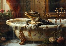 Alligator Bathtub Art Print, Whimsical Bathroom Decor, Funny Gator Wall Art P79