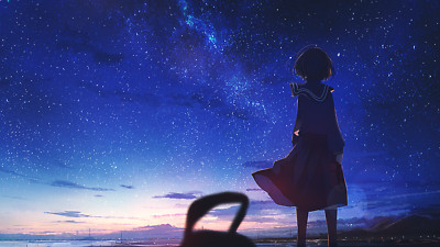 Anime girls starry night sky stars outdoors playmat gaming mat
