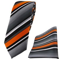 Schmale Tigertie Krawatte + Einstecktuch In Orange Silber Grau Weiss Gestreift