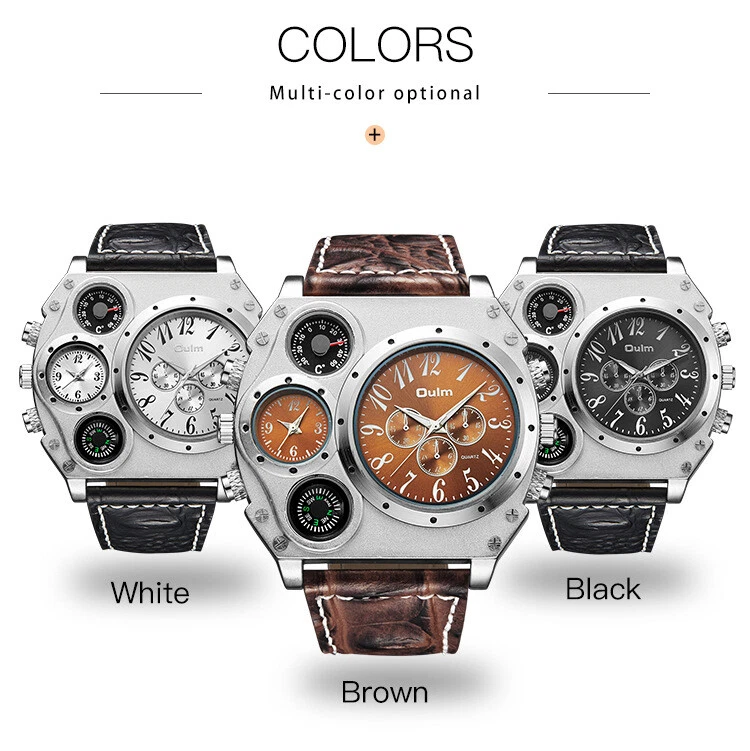 Oulm男士大表盘手表军用双时区运动皮革手表 — 第 3/4 张图片