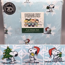 4pc Berkshire Peanuts Christmas Snoopy Snowflakes FULL Sheet Set Santa Hat Blue
