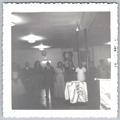 Vtg B&W Snapshot Group Of Men And Women In Formal Attire At Hall Social Event