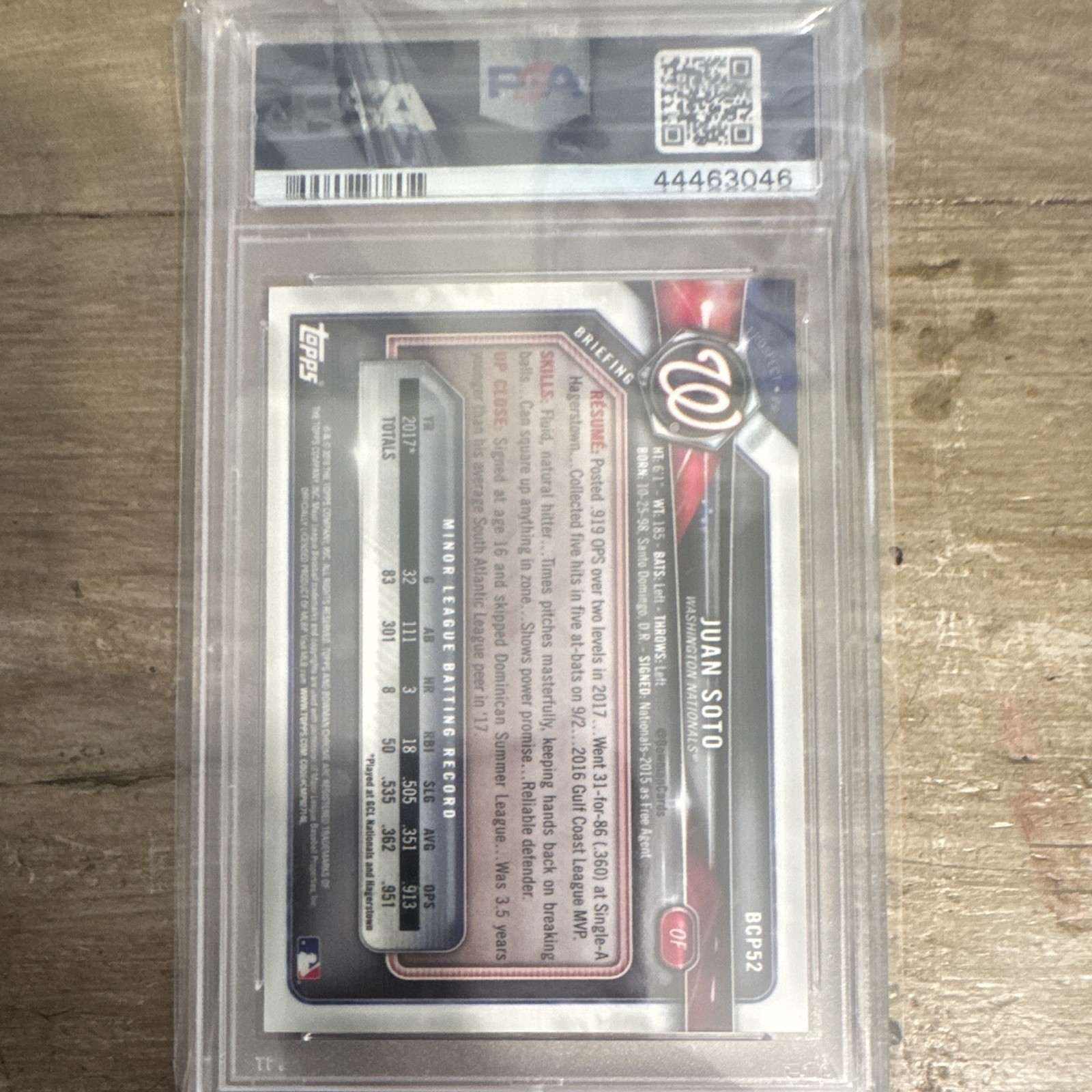 Topps 2018 Bowman Chrome Prospects Juan Soto RC #BCP52 Gold Refractor /50 PSA 9 view 2