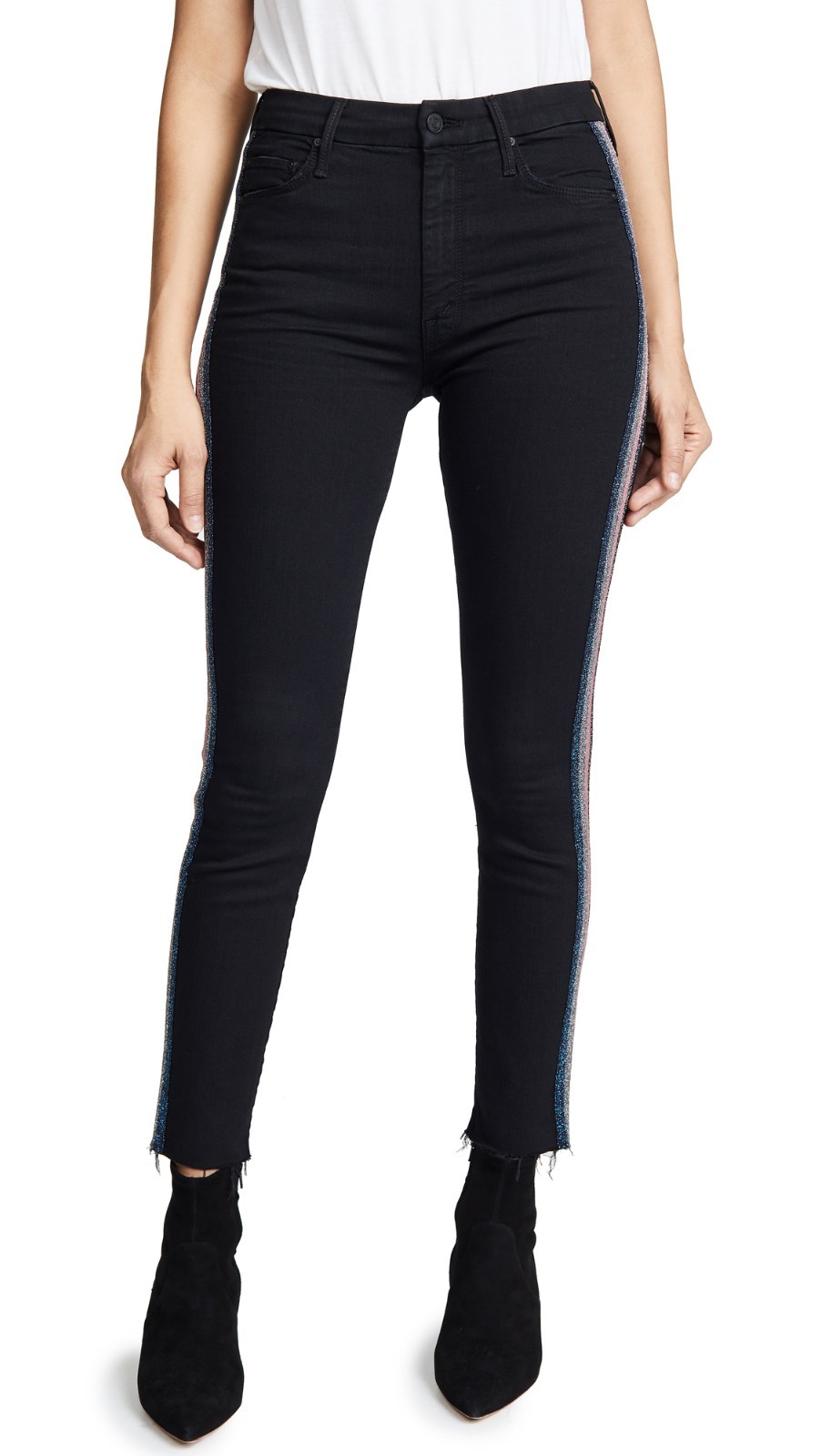 NWT Mother High Waisted Looker Ankle Fray Guilty Glitter Racer Stripe Black 25 image 4