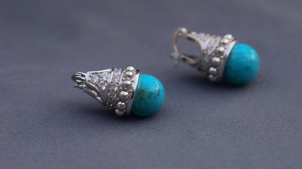 Ohrringe Schläfer Silber Fassung Cz Perle Türkis Kunstleder ET9 - Bild 3 von 4