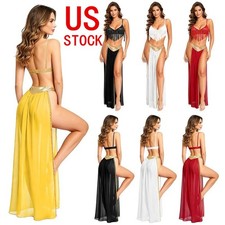 US Womens Belly Dance 2pcs Outfit Sequin Tassel Bra Tops and Shiny Chiffon Skirt