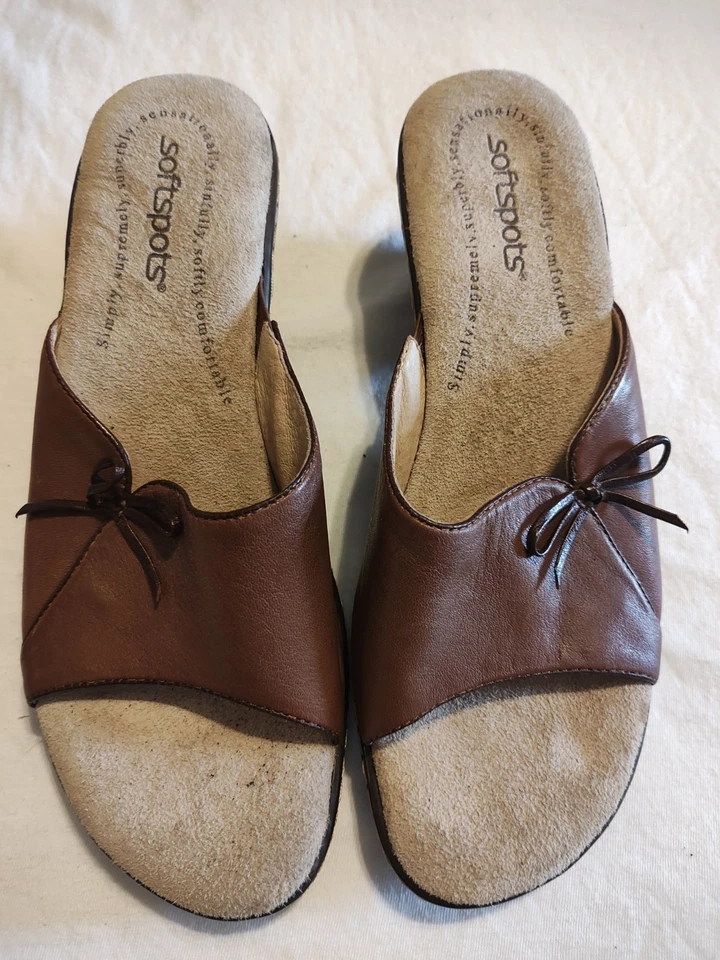 Softspots Leather Sandals Womens 7.5 M Open Toe Slide Wedge Brown  - Image 3 of 4
