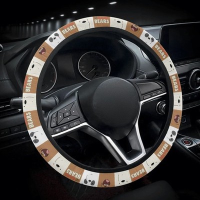Three Cartoon Bears Steering Wheel Cover, Brown Checkered Grizzly Panda Ice Bear