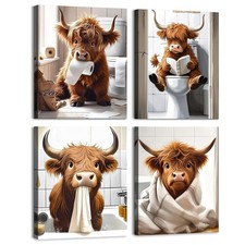 Set of 4 Highland Cow Canvas Wall Art Prints 20x25 cm Brown Unframed Bathroom