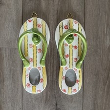 2 Ceramic Sandal Flip Flop Wall Hanging Picture Frame Decor Green Yellow Flowers