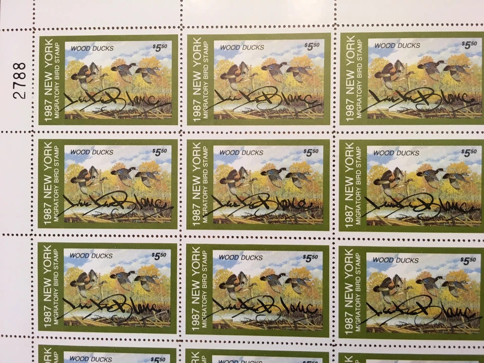 NY3s *FOLHA COMPLETA EM PERFEITO ESTADO ASSINADA* Nova York 1987 Lee Leblanc 30 Selos, Patos de Madeira - Imagem 2 de 4