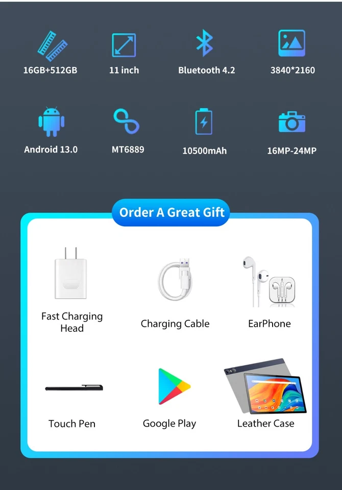 Tablet 12-inch Android Deca-Core  16GB RAM + 512GB WiFi 4G/5G  13 Dual Camera - Image 2 of 4