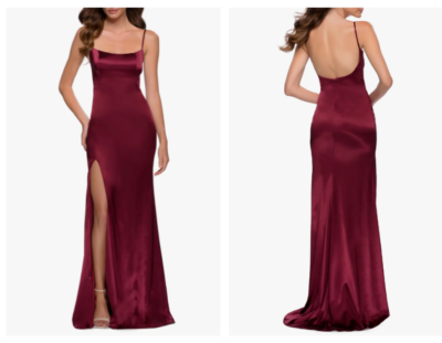femme luxe burgundy dress La Femme 28206 Lycra Gown: Elegant V-Neck, Low Back – Mydressline main image 1