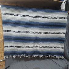 Authentic Mexican Blanket Hand Woven Blanket Blue White Black Gray Fringes