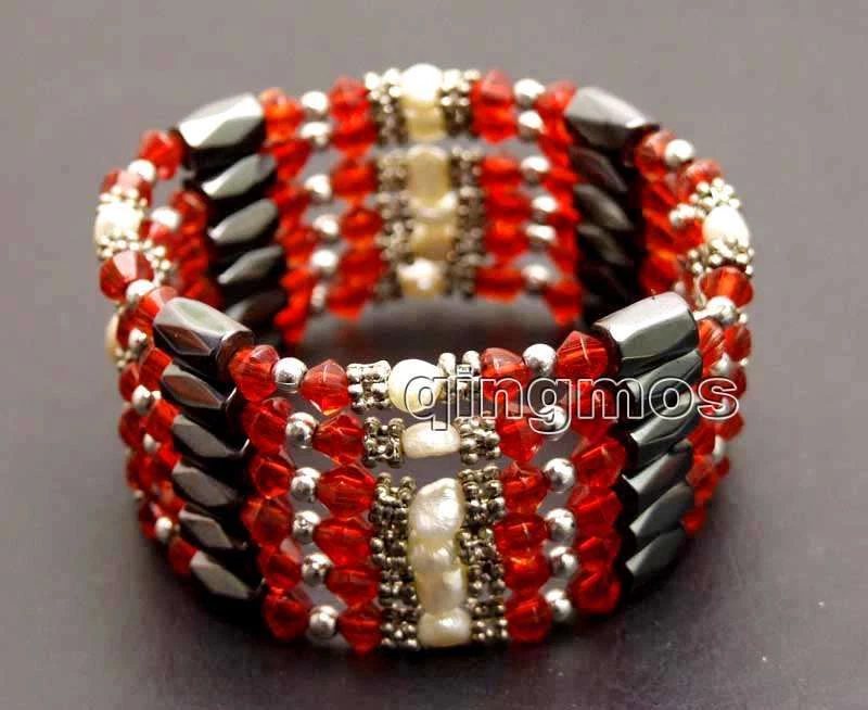 4-5mm White Natural Pearl Bracelet for Women with Red Crystal & Hematite 30'' - Image 2 of 4