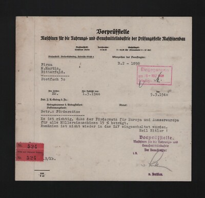 BERLIN-SCHÖNEBERG, Brief 1940, Vorprüfstelle Maschinen für Nahrungs-Genussmittel
