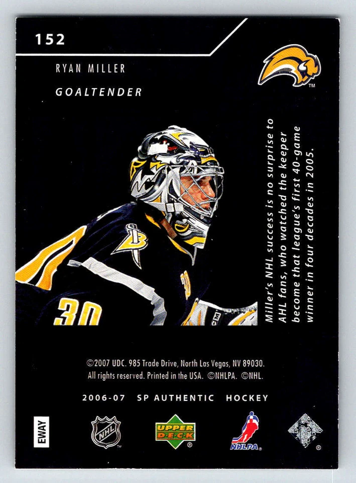 2006-07 SP Authentic Limited #152 Ryan Miller N 100 (ref 188440) - Image 2 of 2