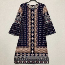 Sami & Jo Navy Multi Color Soft Stretch Boho Print Flare Sleeve Dress size 12