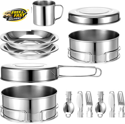 14Pcs Stainless Steel Camping Cookware Set, Lightweight Compact Camping Pots Pan