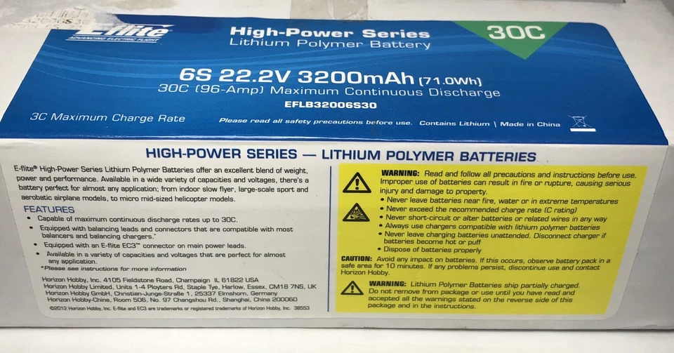 E-flite Eflite 3200mAh 6S 6 Cell 22.2V 30C LiPo 12AWG Wire EC3 Plug EFLB32006S30 - Image 3 of 3