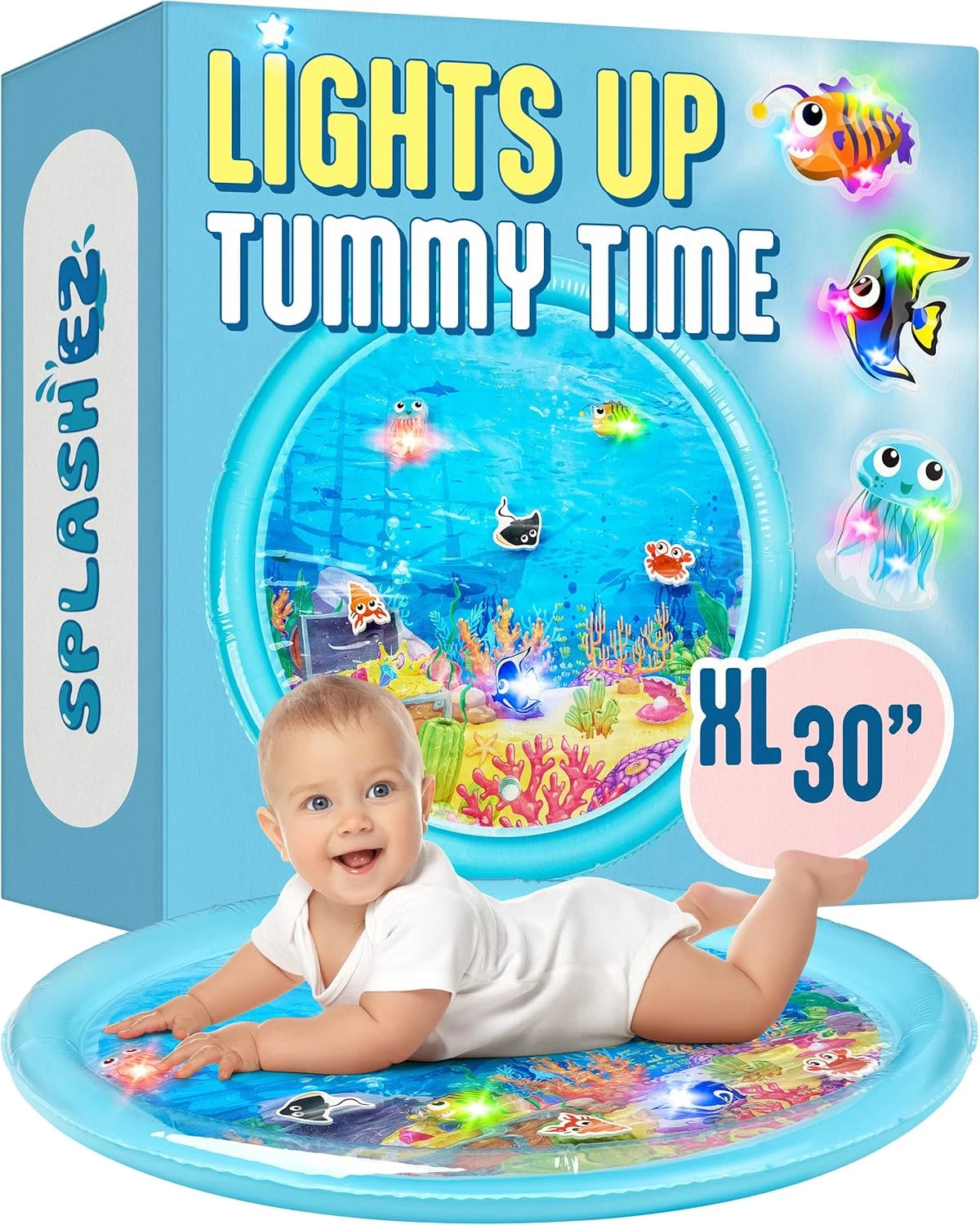Lights up Tummy Time Water Mat for Babies, 30" X-Large Baby Water Mat Tummy Time