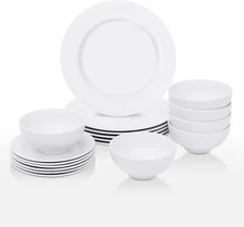 round 18-Piece White Kitchen Dinnerware Set, Service for 6, Plates and Bowls – M