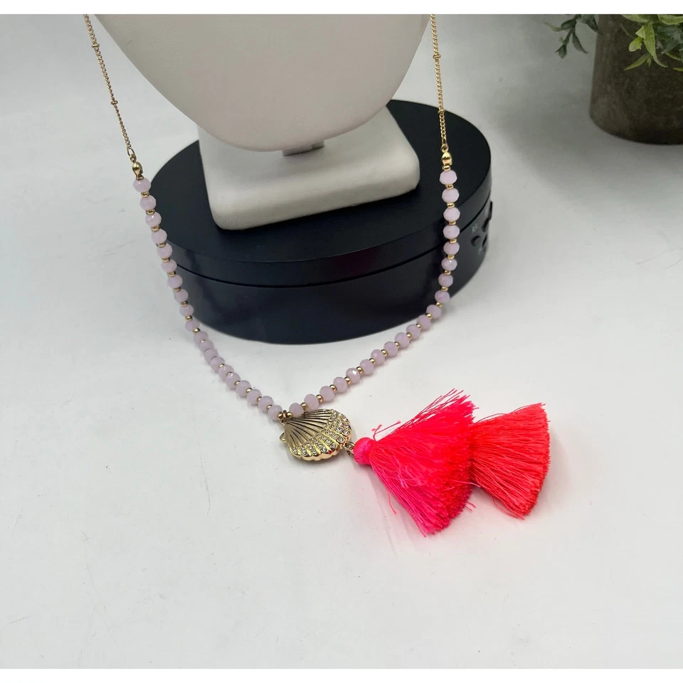 Collar Largo Lilly Pulitzer Oro Pavé Concha Rosa Cuentas Vibrante Borla Brillante Foto 2 de 4