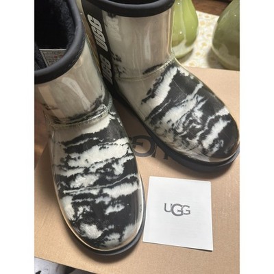 UGG PLUSH Ankle Faux Fur Mini Marble Clear Coated Booties Waterproof 7