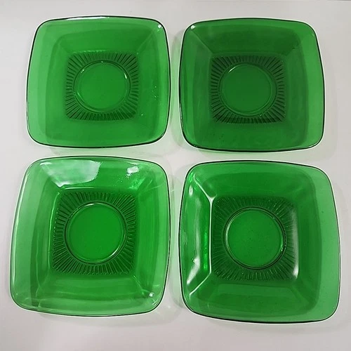 Set of VTG 4 Anchor Hocking Charm Forest Green Glass Saucers 5.5” MCM