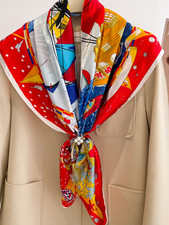 100 Mulberry Silk 35" Square Scarf Women Neckerchief Wrap Yellow steamship Print