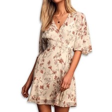 Lulus Mini Dress Faux Wrap Design Open Back Zip Soft Floral Print Beige XS NWOT