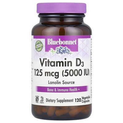 Bluebonnet Nutrition Vitamin D3 5000 IU 120 Veggie Caps Egg-Free, Fish Free,