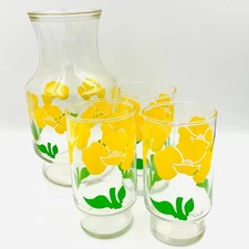 Anchor Hocking Foxy / Yellow Poppy Glass Pitcher and 3 Tumblers