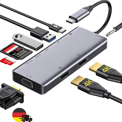 USB C Docking Station Hub 9in1 dual 4k VGA SD/Micro SD-Kartenleser PD Aluminium