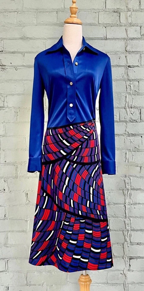 Vestido Camisa Midi Vintage Años 70 Roberta Di Camerino Azul Trampantojo L’oeil / Pequeño Foto 2 de 4